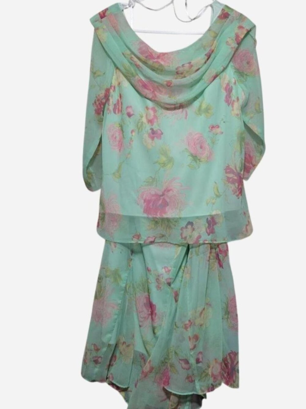Vintage J.B.S. Ltd. Mint Green Pink Floral Chiffon 2-Piece Dress Set 18